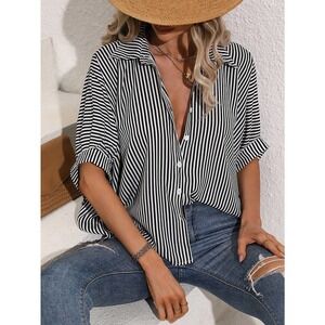 boho minimalist preppy Striped black white button up Batwing Sleeve Shirt